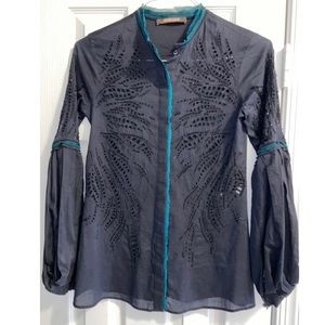 ROBERTO CAVALLI Black Embroidery Cotton Long Trumpet Sleeve Shirt Size 40